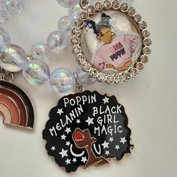 NWT Black Girl Melanin Afro Rainbow Heart AB Iridescent Ball Charm Bracelet Set - Picture 8 of 9